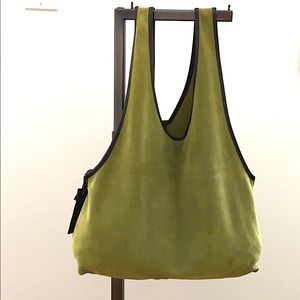 ANNA CAMPION Suede Tote Bag Olive Green Brown Trim NEW